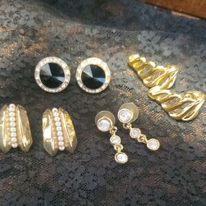 Elegant Gold and Black Earrings Set 4 Pair JO+